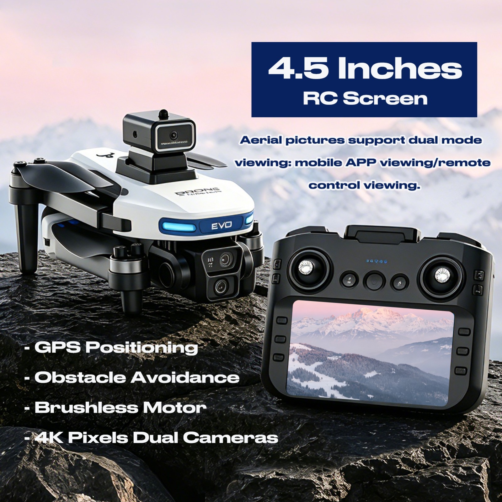 4K Cameras GPS Drone, 4.5'' RC Screen, Brushless Motor, Auto Return, 2 Batteries