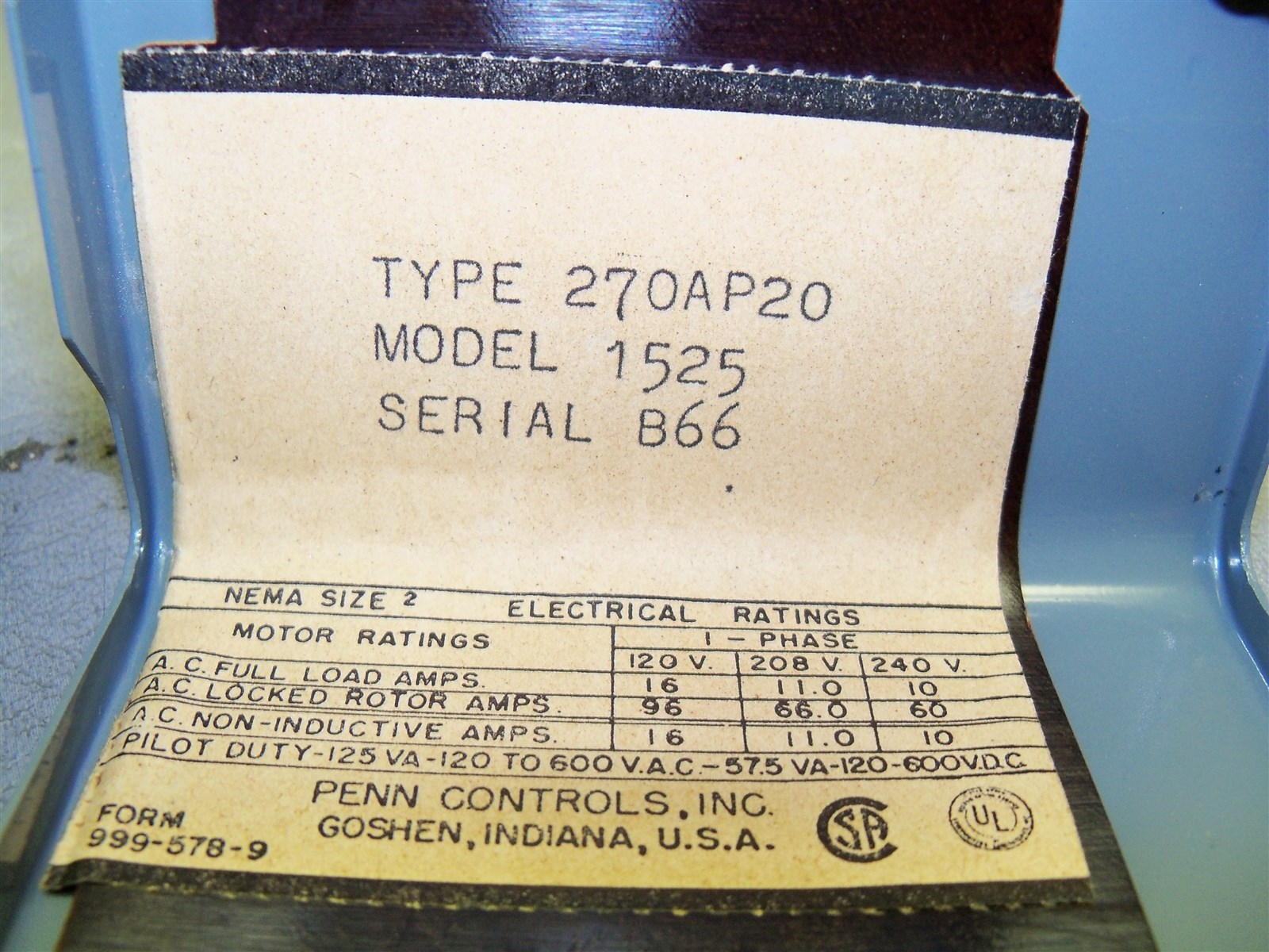 1525 Type 270AP20 Penn Controls Model Pressure Control Switch