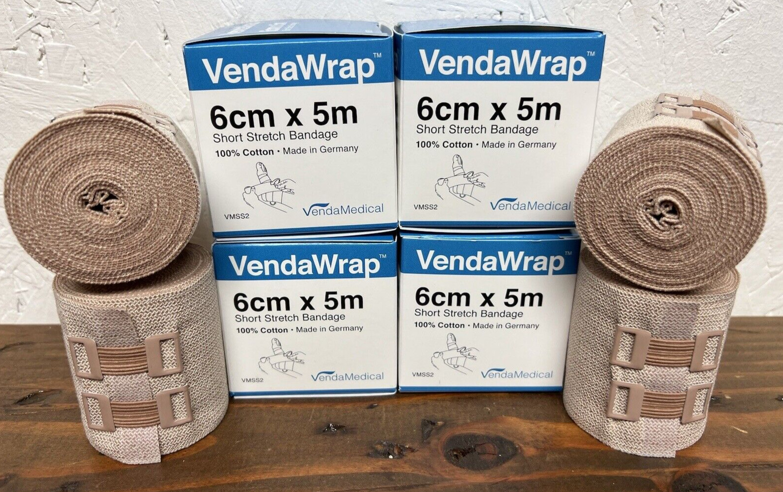 VendaWrap Short Stretch Compression Bandage 100% Cotton - 4 Rolls (6cm x 5m)
