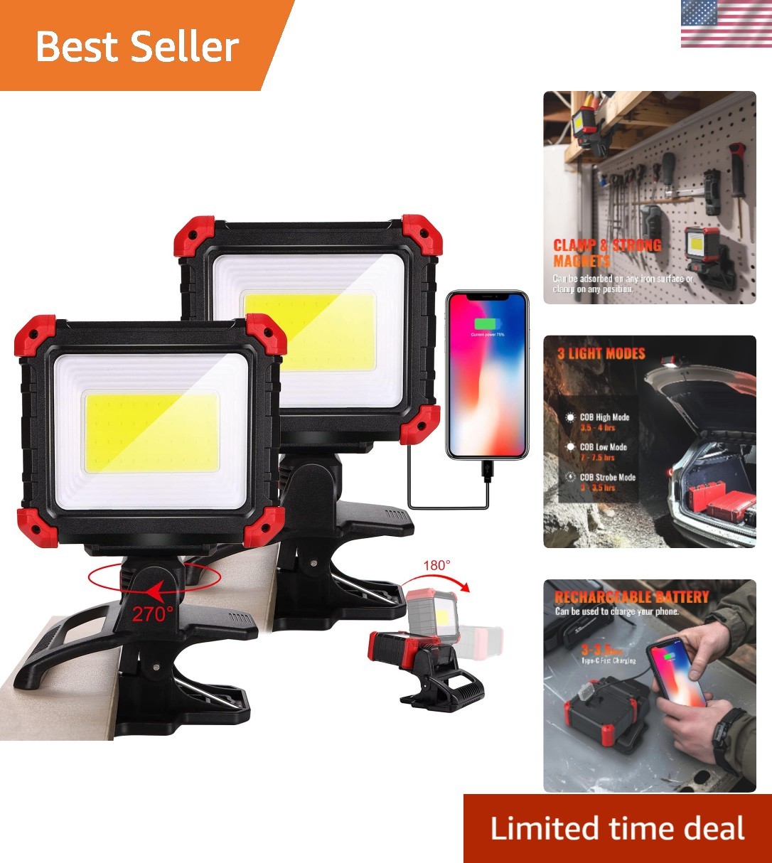 LED Rechargeable Work Light with Clamp, 2Pack 2100LM COB Magnetic Clip on Wor...