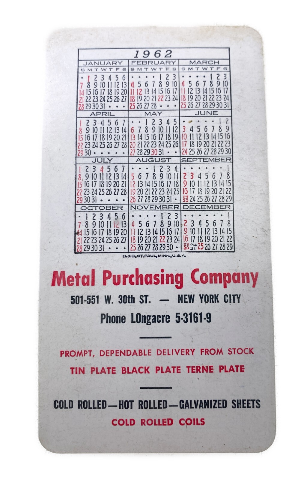 1962 Pocket Calendar Metal Purchasing NYC Tin Plate Steel Sheet Gauge Chart