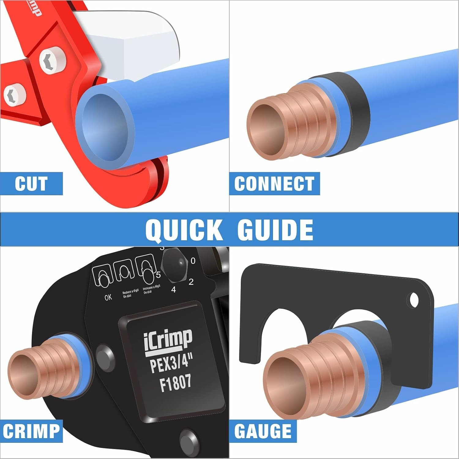 Durable PEX Crimping Tool 1/2" 3/4" Angle Head Gauge Cutter