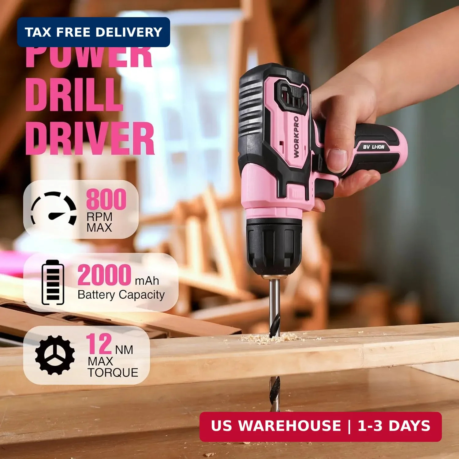 Pink Power Drill Set and Stackable Tool Box, 8V Cordless Drill Driver wi