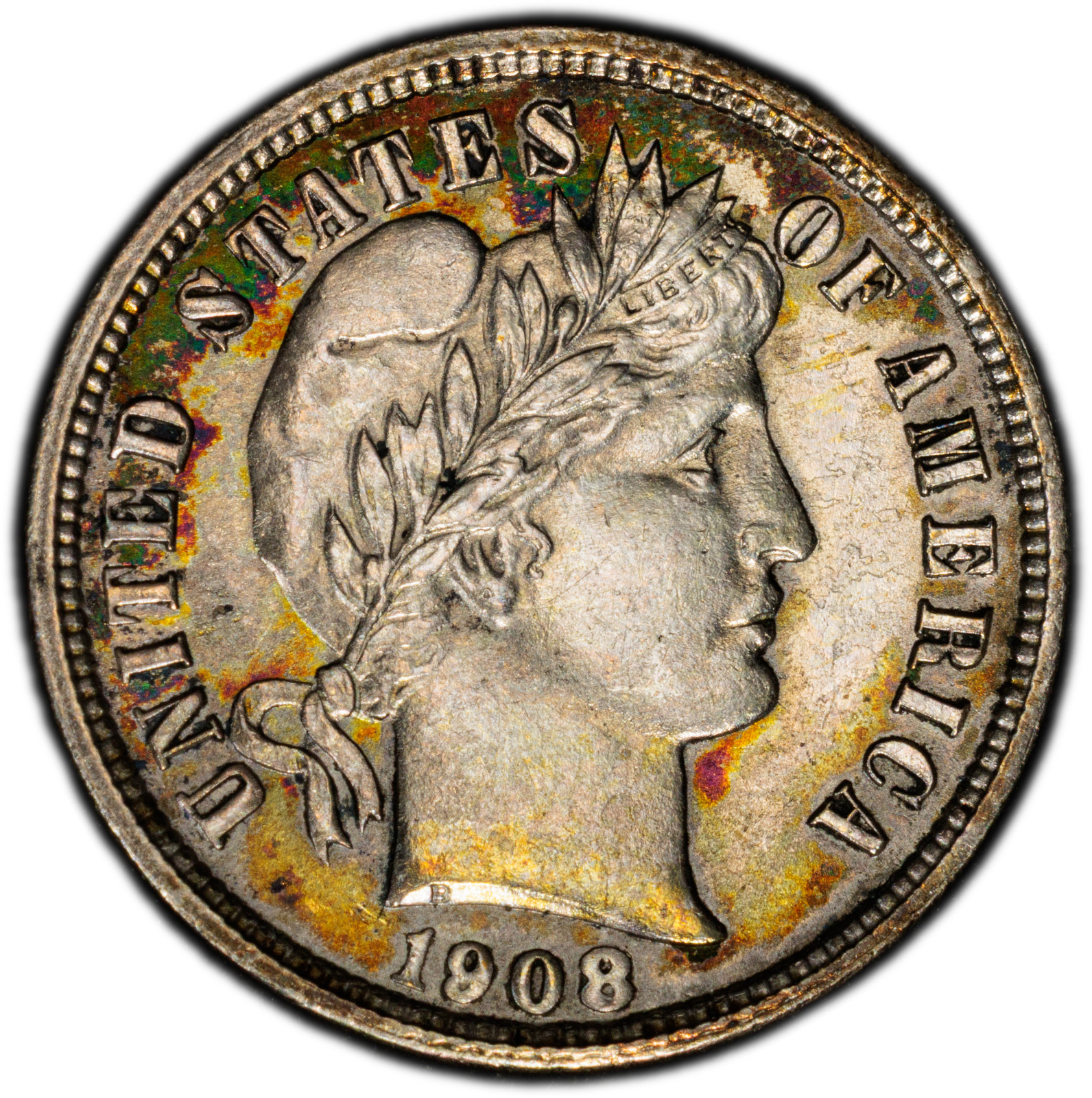 1908-P PCGS Genuine UNC Barber Dime | Rainbow Toning | 40th Anniversary Label