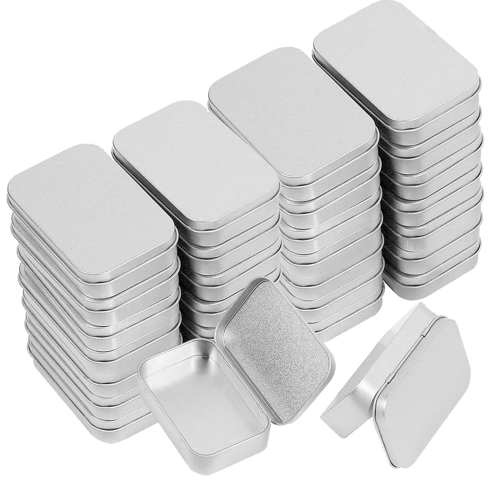 42 PCS Metal Rectangular Empty Hinged Tins 3.7x2.4x0.8 Inch Containers Silver