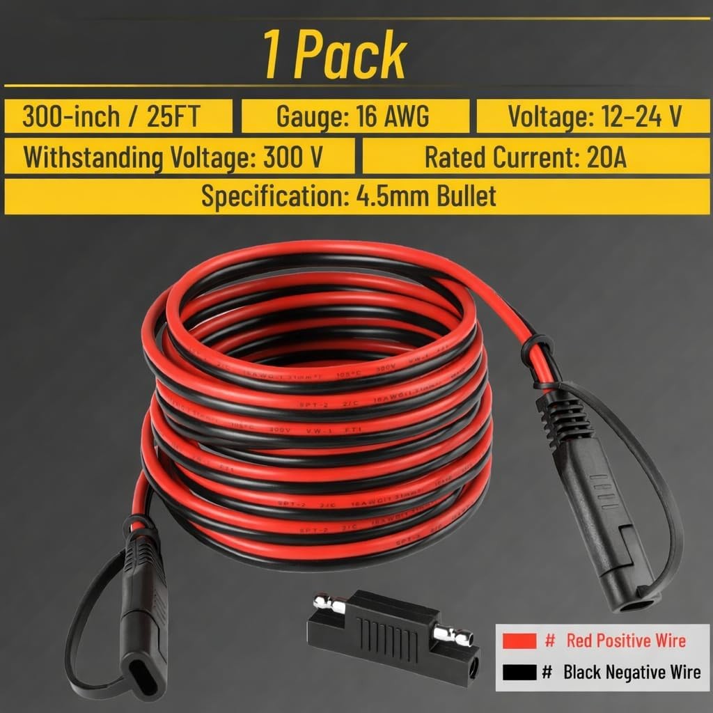 25 Ft 16 AWG SAE to SAE Extension Cable, Solar Panel Extension Cable, SAE Quick