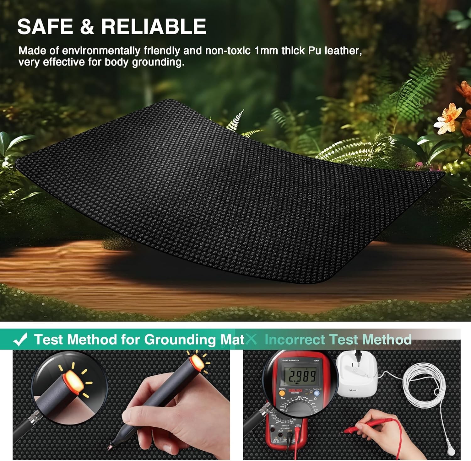 Grounding Mat for Bed, Pad Sleep, Anti-Slip PU Queen, Black
