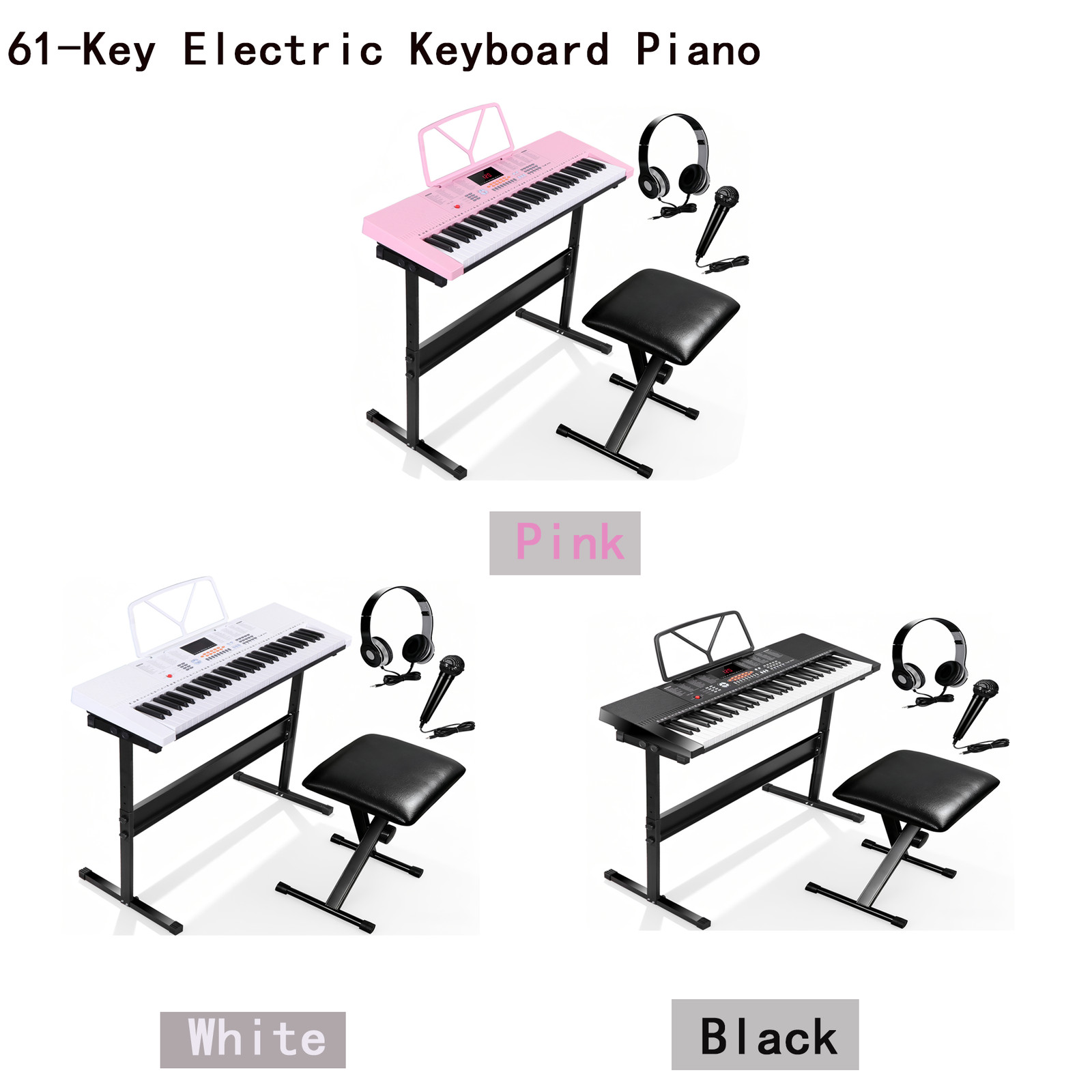 61 Key Keyboard Digital Piano w/ Stand Headphones Microphone Music Electronic
