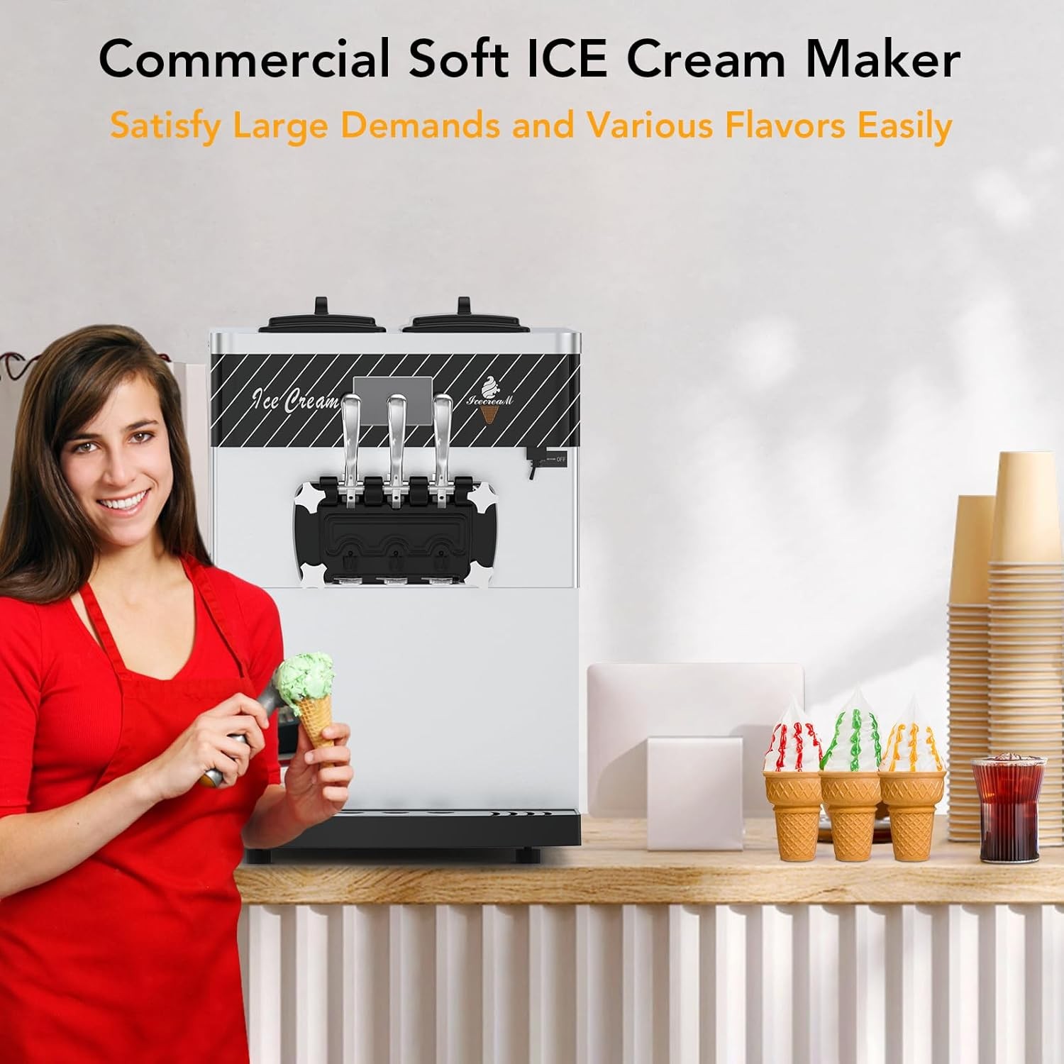Automatic Ice Cream Maker -5.8to8 gal/ Hour LCD Panel Auto Clean Stainless Steel