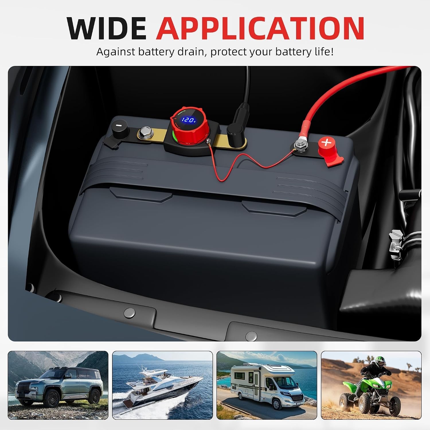 Side Post Battery Disconnect Switch 12V-48V with Led Voltmeter Display, DC 5-...