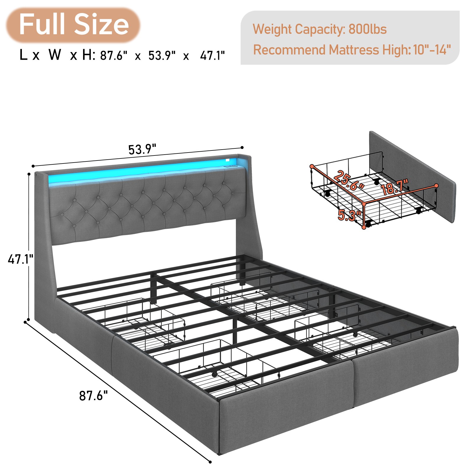 Full Size Bed Frame, Upholstered Platform Bed Frame with 4 Storage Drawers
