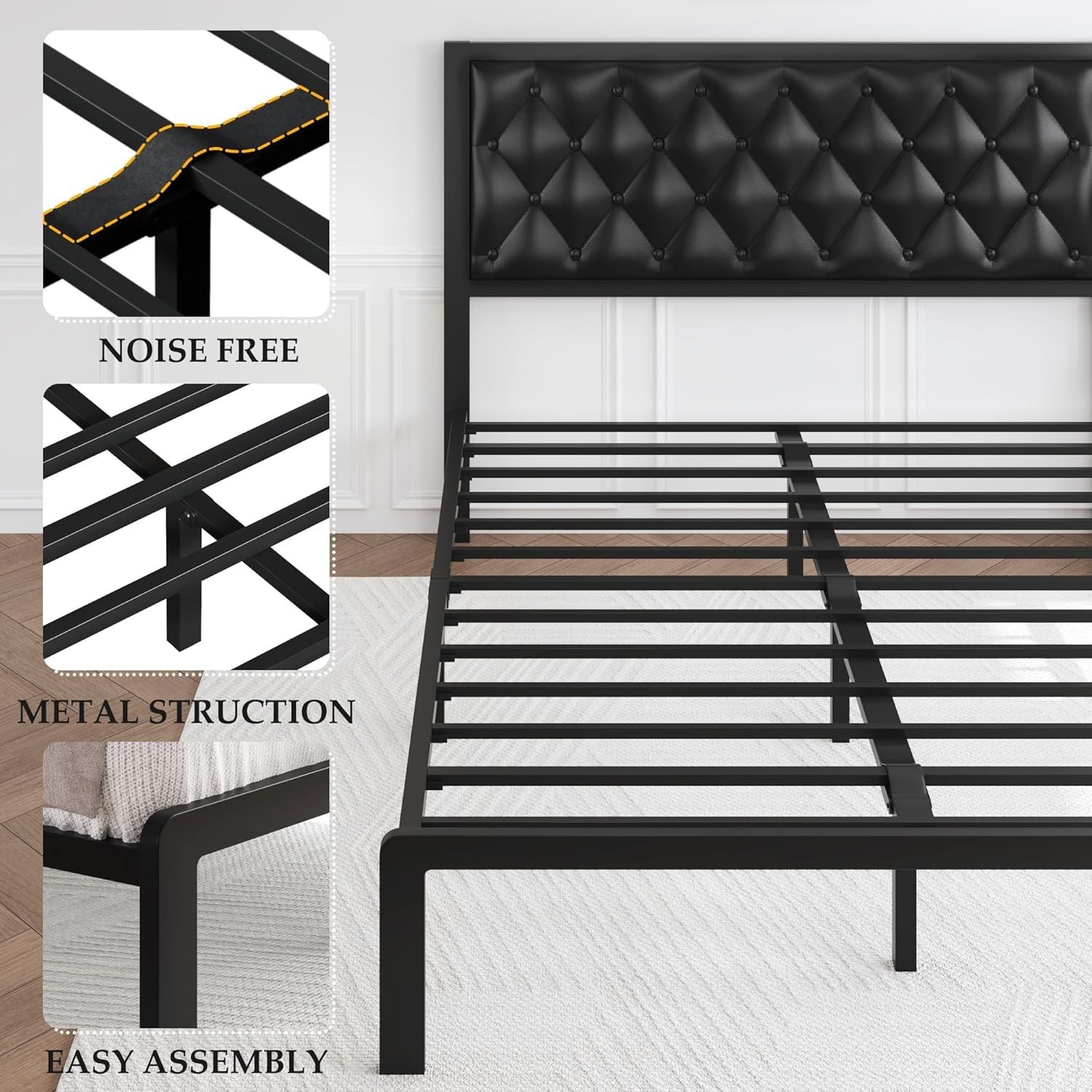 Queen Bed Frame Upholstered Button Tufted Headboard Platform Metal Slats Support