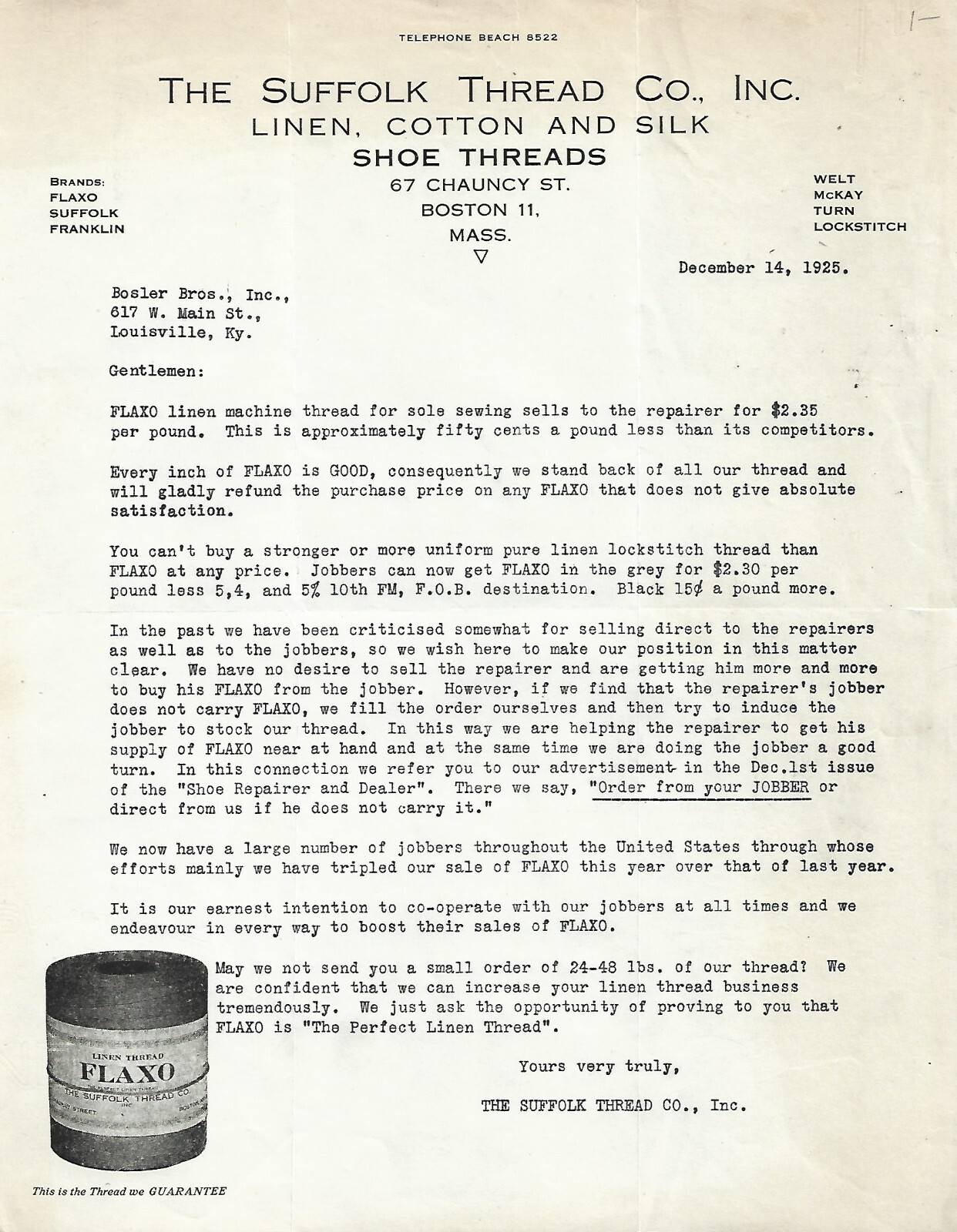1925 SUFFOLK SHOE THREAD CO ~ LETTERHEAD ~BOSTON, MASS~SHOE REPAIR/MFG