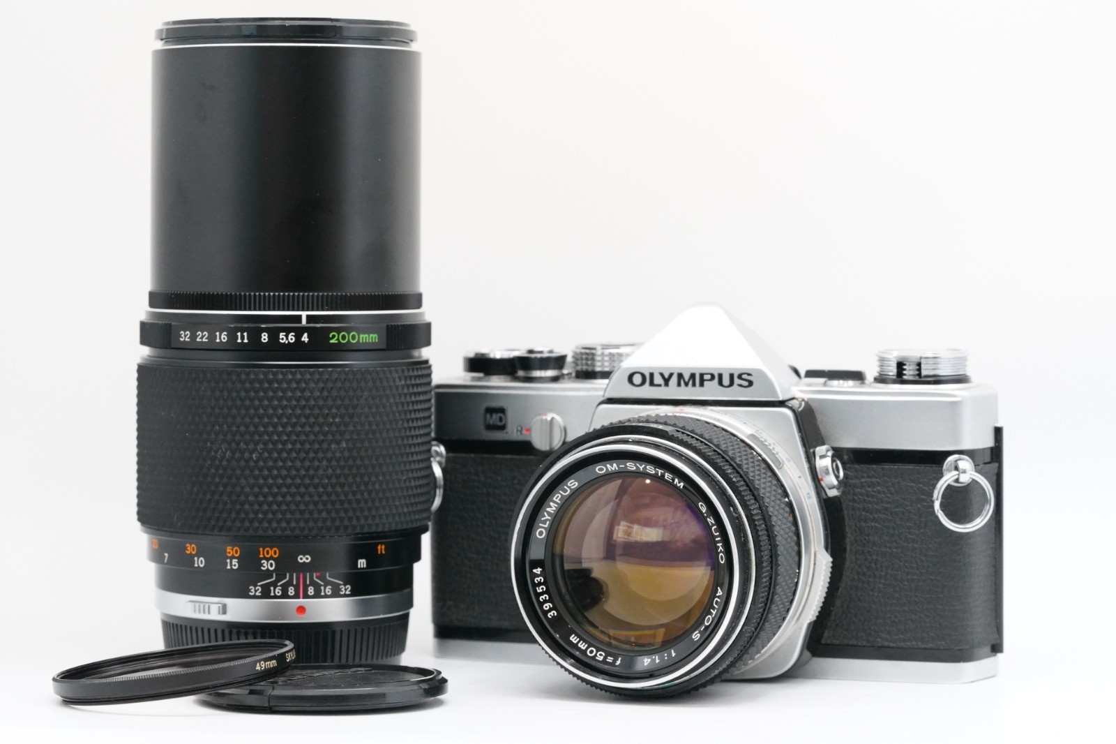 [Near MINT] OLYMPUS OM-1 MD Silver 35mm SLR 50mm F1.4 200mm F4 Set From JAPAN