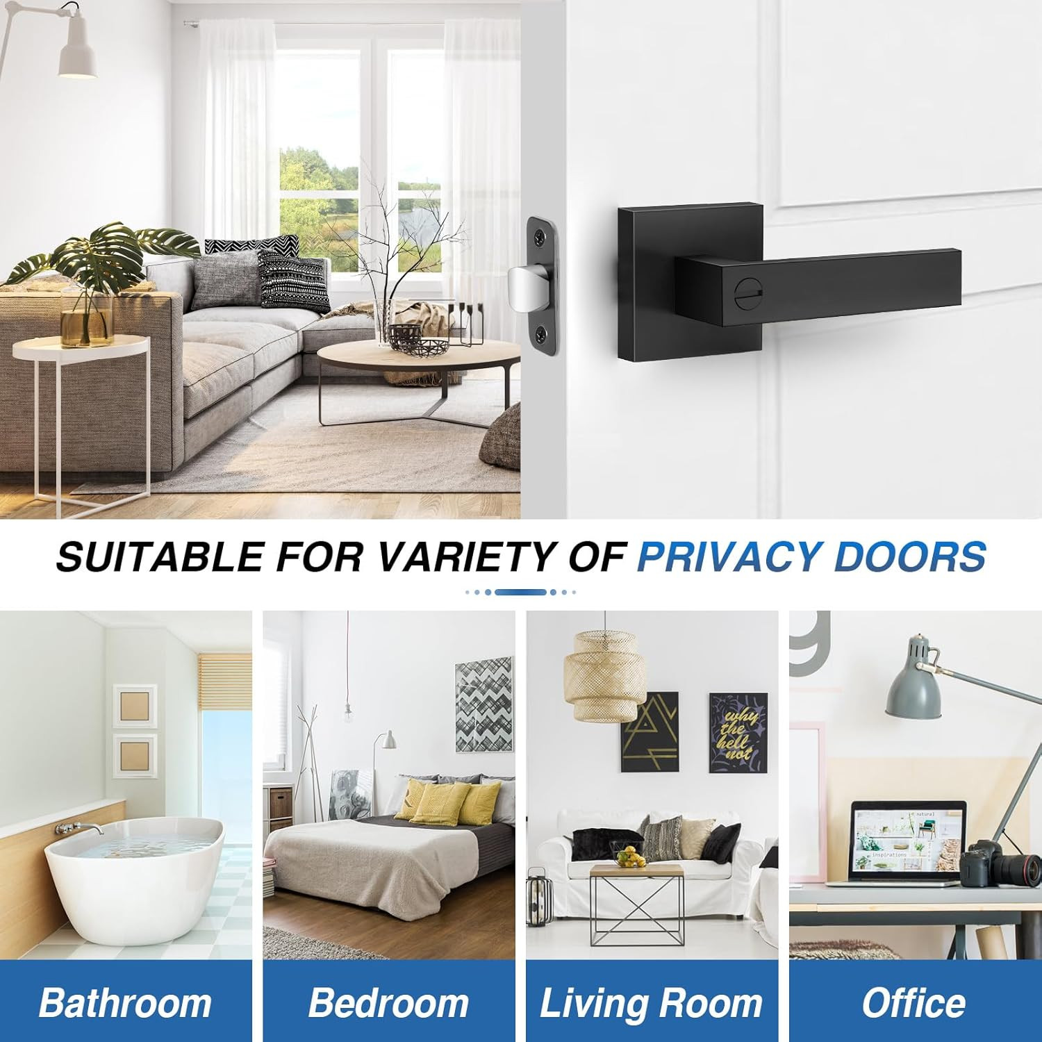 6 Pack Matte Black Door Handles Interior, Keyless Interior Door Knobs, Privacy D