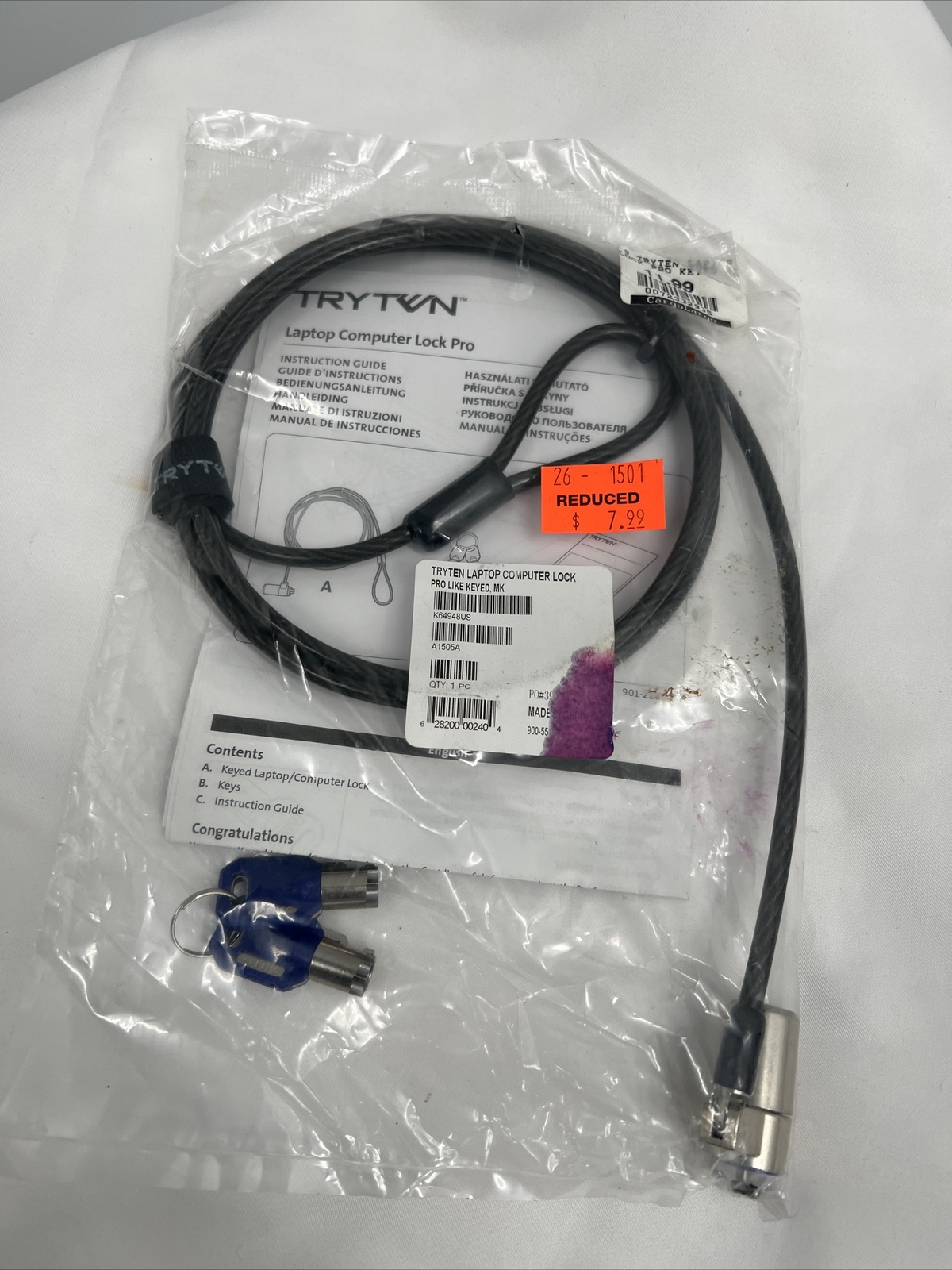 Tryten Laptop Lock Pro Keyed Alike Security Cable Lock Translucent Dark 6 Ft
