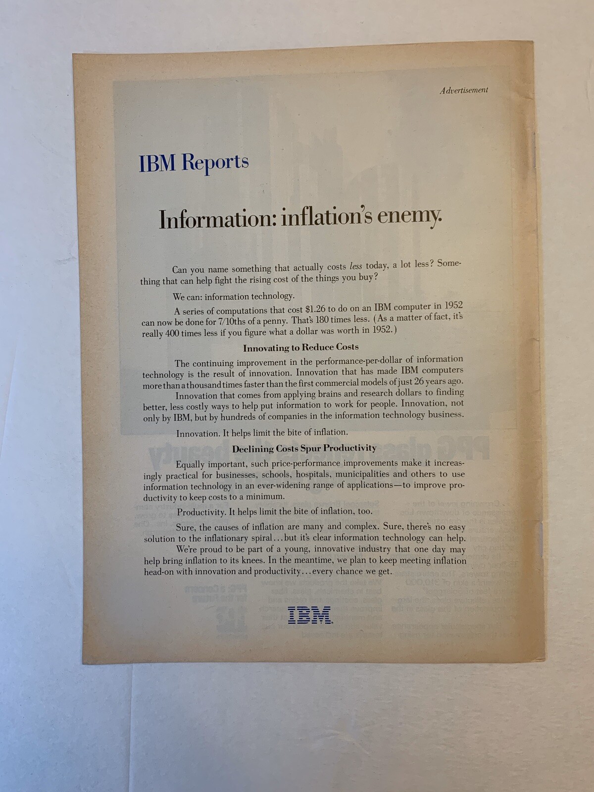 1978 IBM Information Inflation’s Enemy Print Ad System Computer Original Vinatge