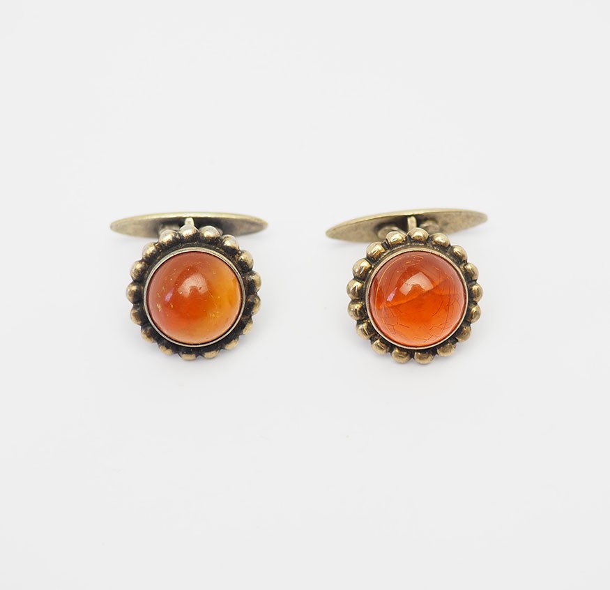 Vintage retro round 875 silver and genuine Baltic amber rare cufflinks Latvia