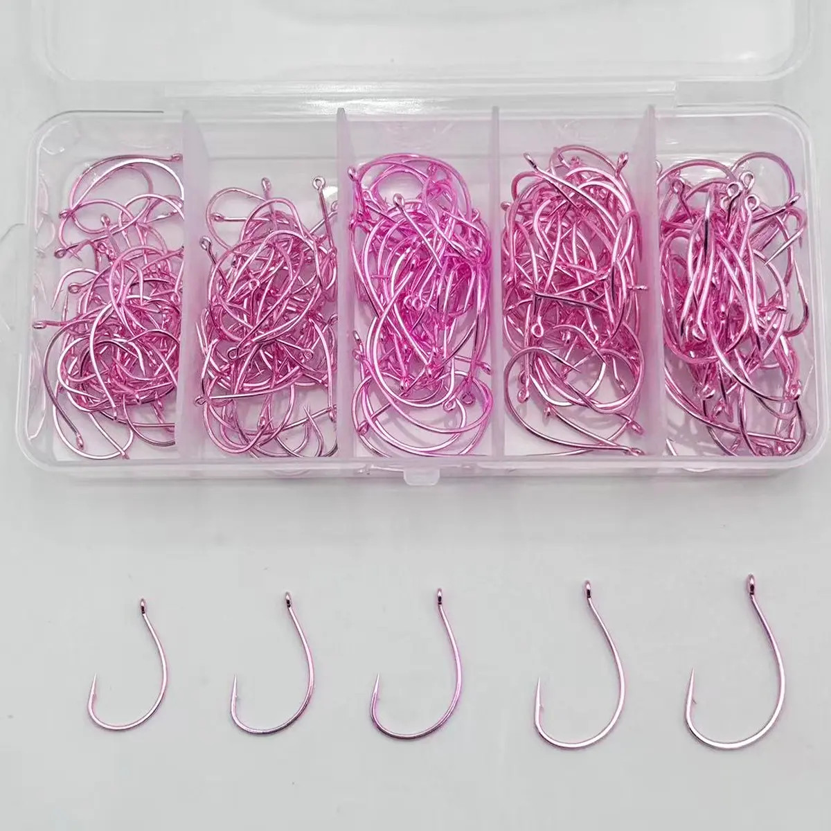 200pcs 8003 Pink Wacky Hooks #2/0 Soft Bait Fishing Hooks with Storage Box
