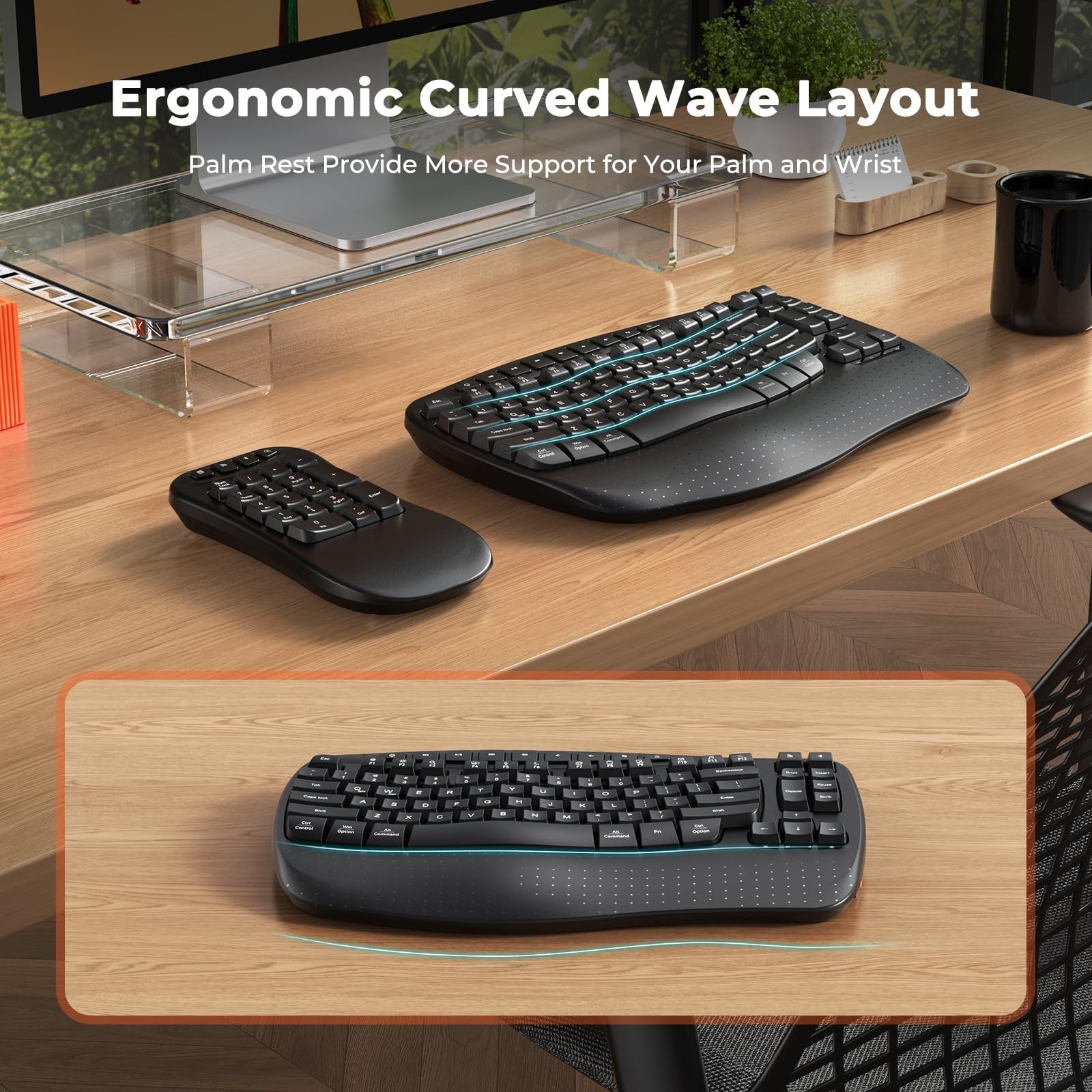 MEETION Wave Ergonomic Split Keyboard with Numeric Keypad, Black | 2.4G/Bluet...