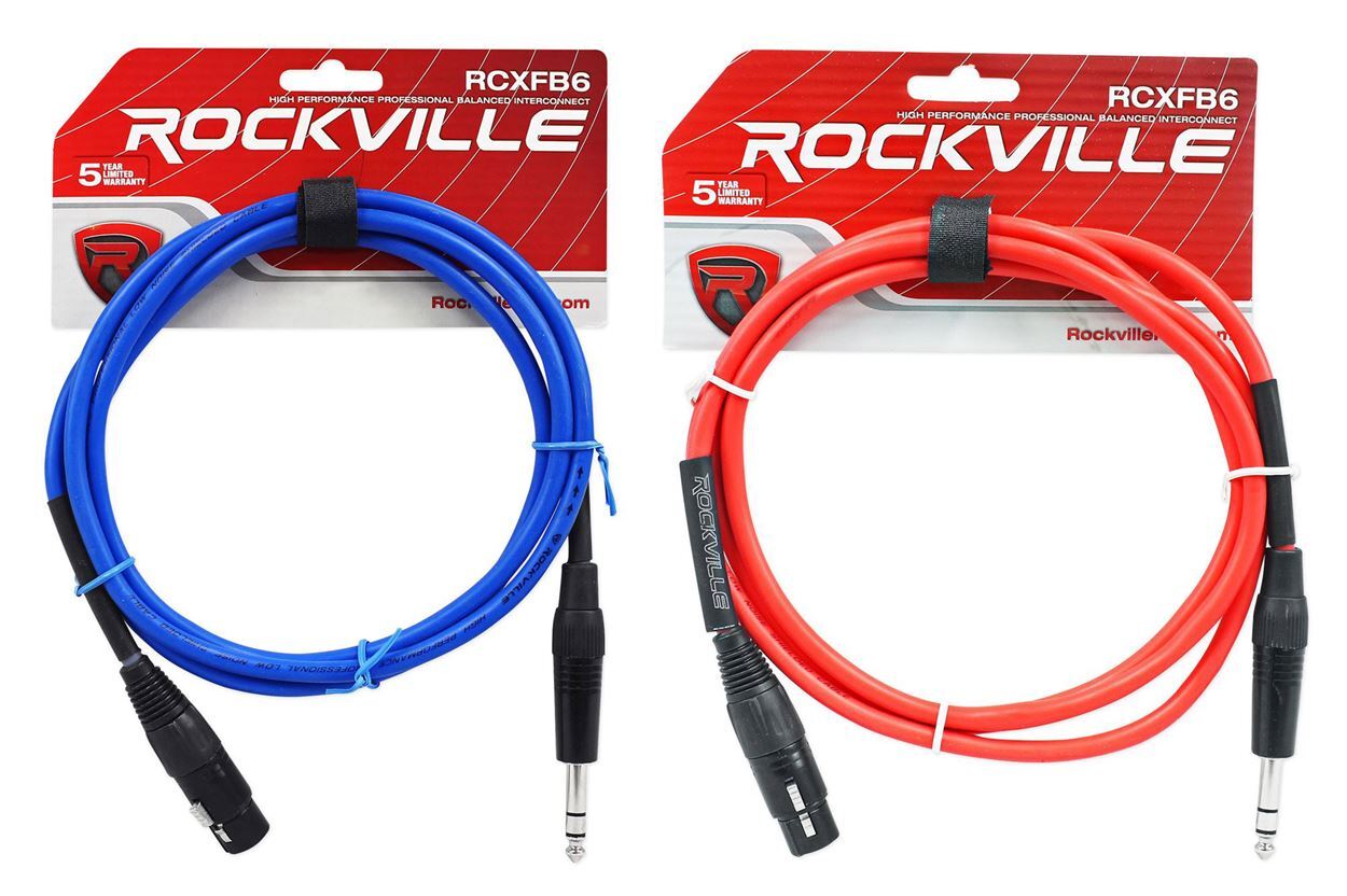 Red and Blue Rockville 6' Female Rean XLR to 1/4'' TRS Balanced Cables OFC