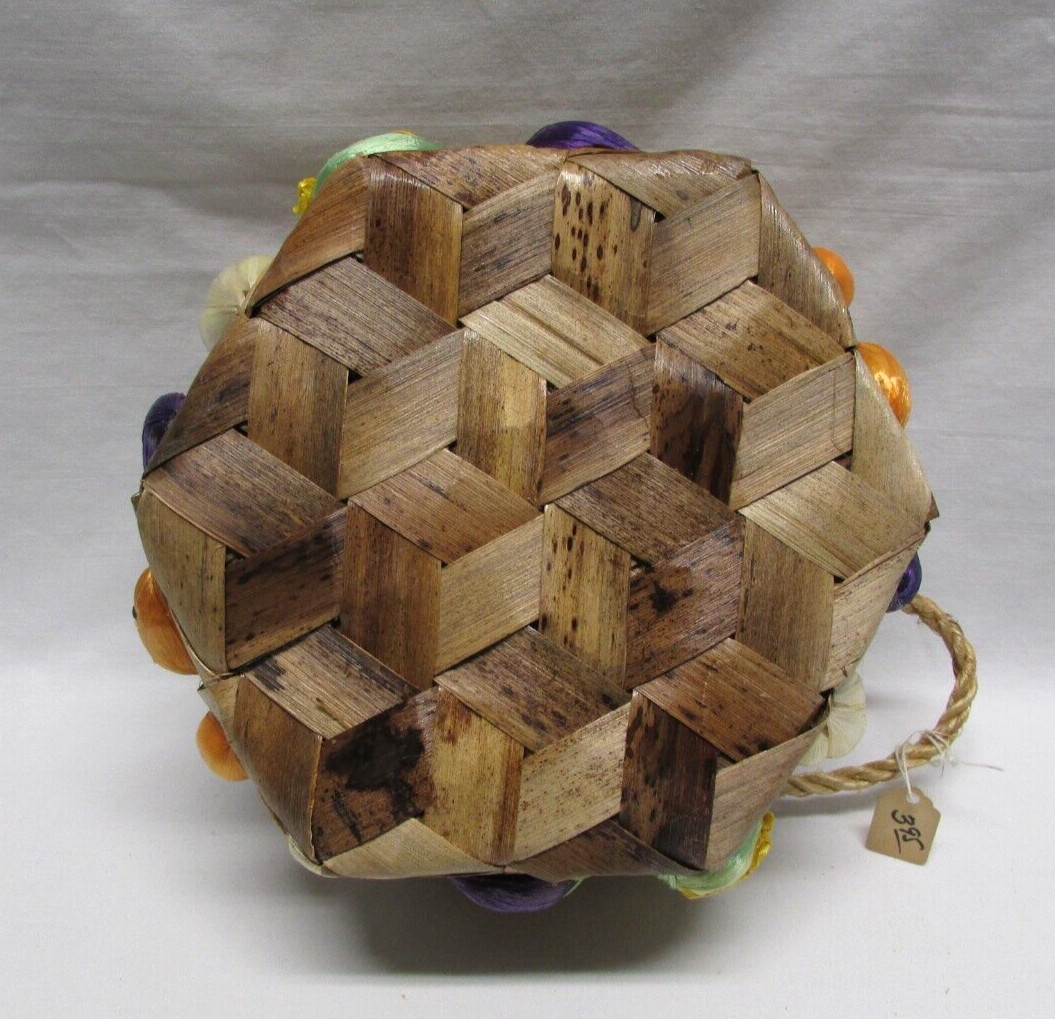 Vintage Handmade Raffia 8in Fruit Basket Burlap Lined Made in Philippines