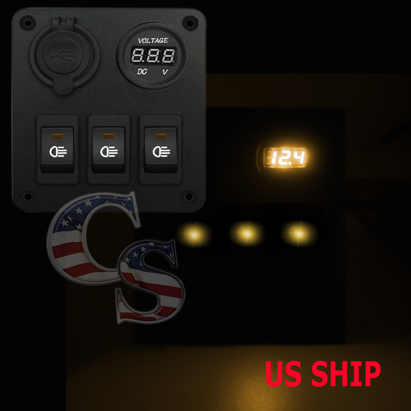 Amber 35A 3 Gang Car Rocker Switch Panel USB Socket Power Plug Voltmeter Charger