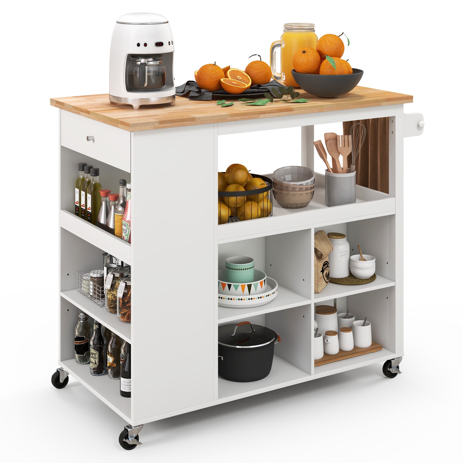 Kitchen Island Trolley Cart on Wheels with Storage Open Shelves & Drawer White