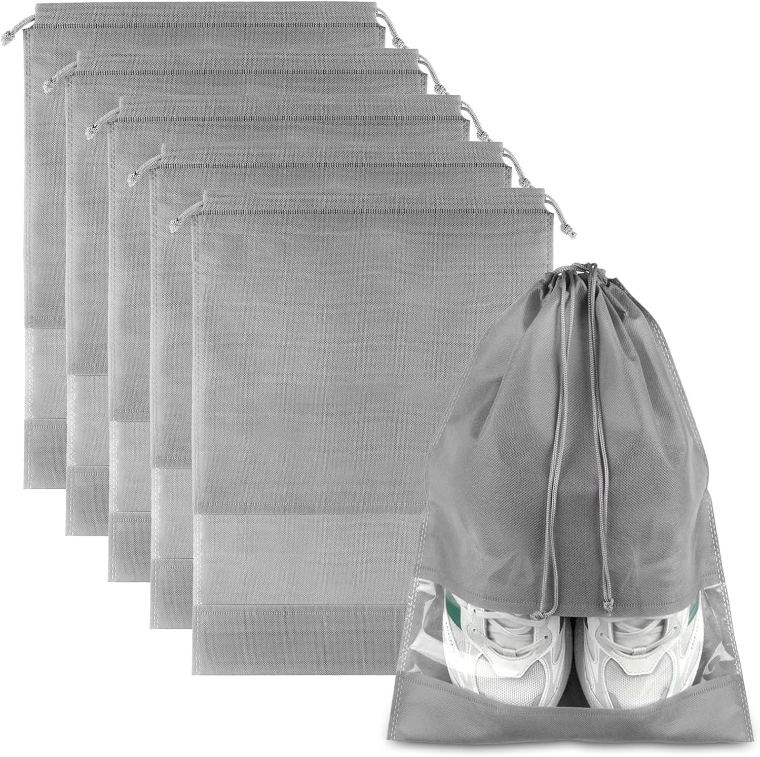 5-Pack Large Travel Shoe Bags – Gray Drawstring Storage with Clear Window