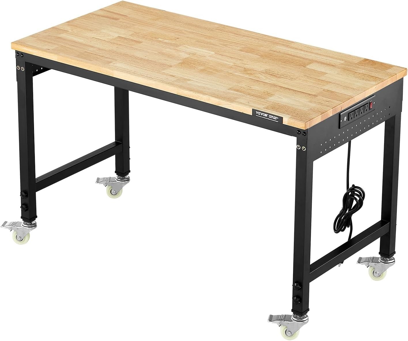 Adjustable Oak Workbench, 2000lb Load, Power Outlet, Wheels