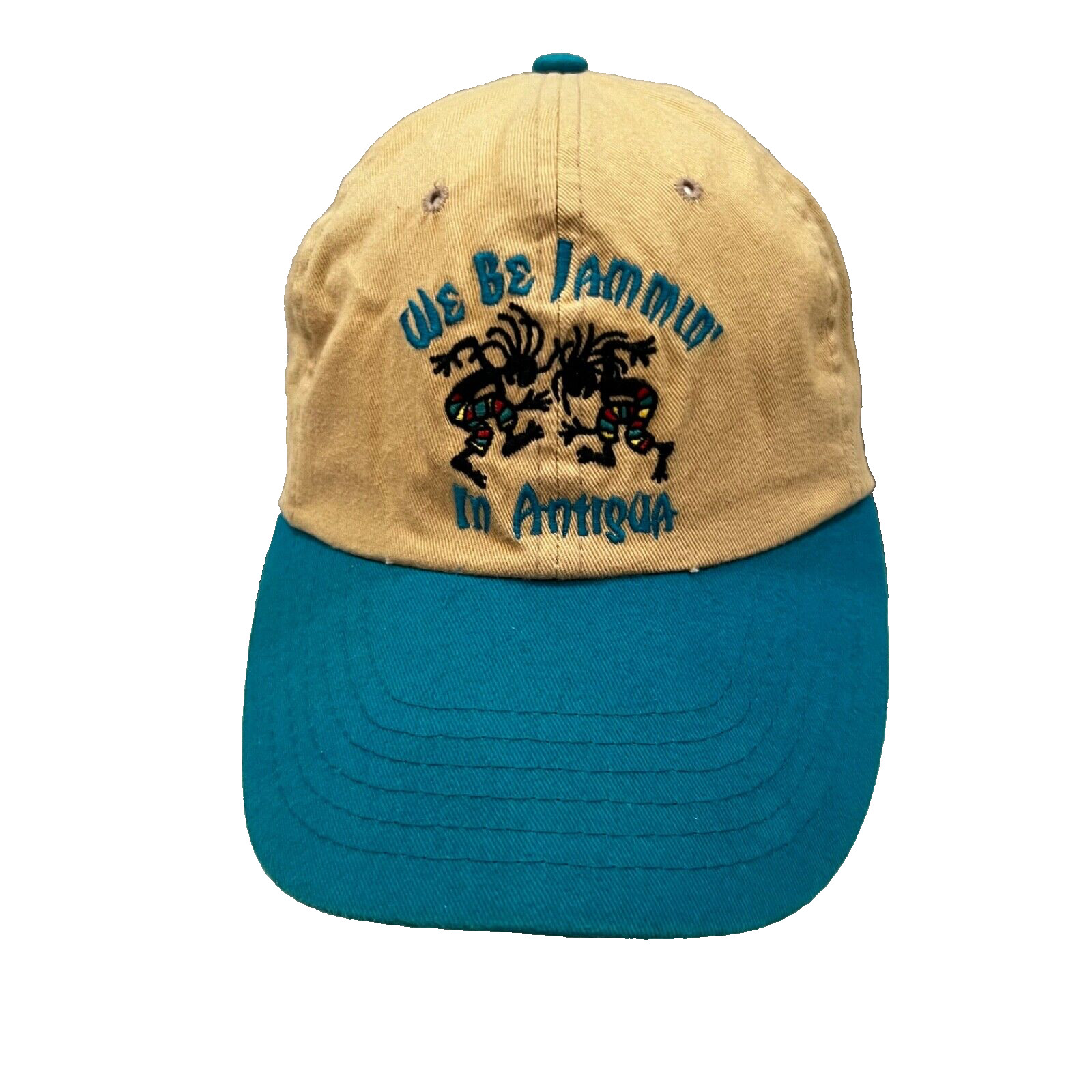 “We be Jammin in Atigua” w Dancers on Tan Blue Bill Cotton Hat Cap Strap Buckle