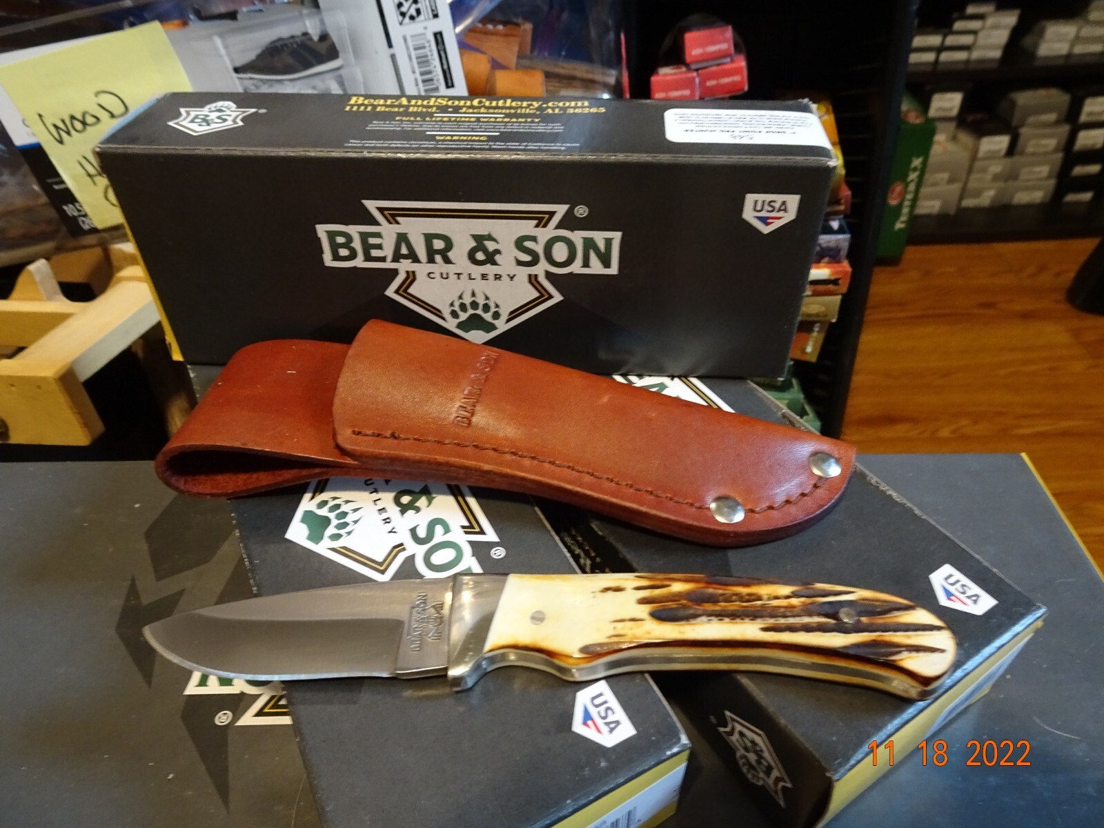 BEAR & SONS CUTLERY 7" DROP POINT HUNTER INDIA STAG BONE HANDLE LEA SH MADE USA
