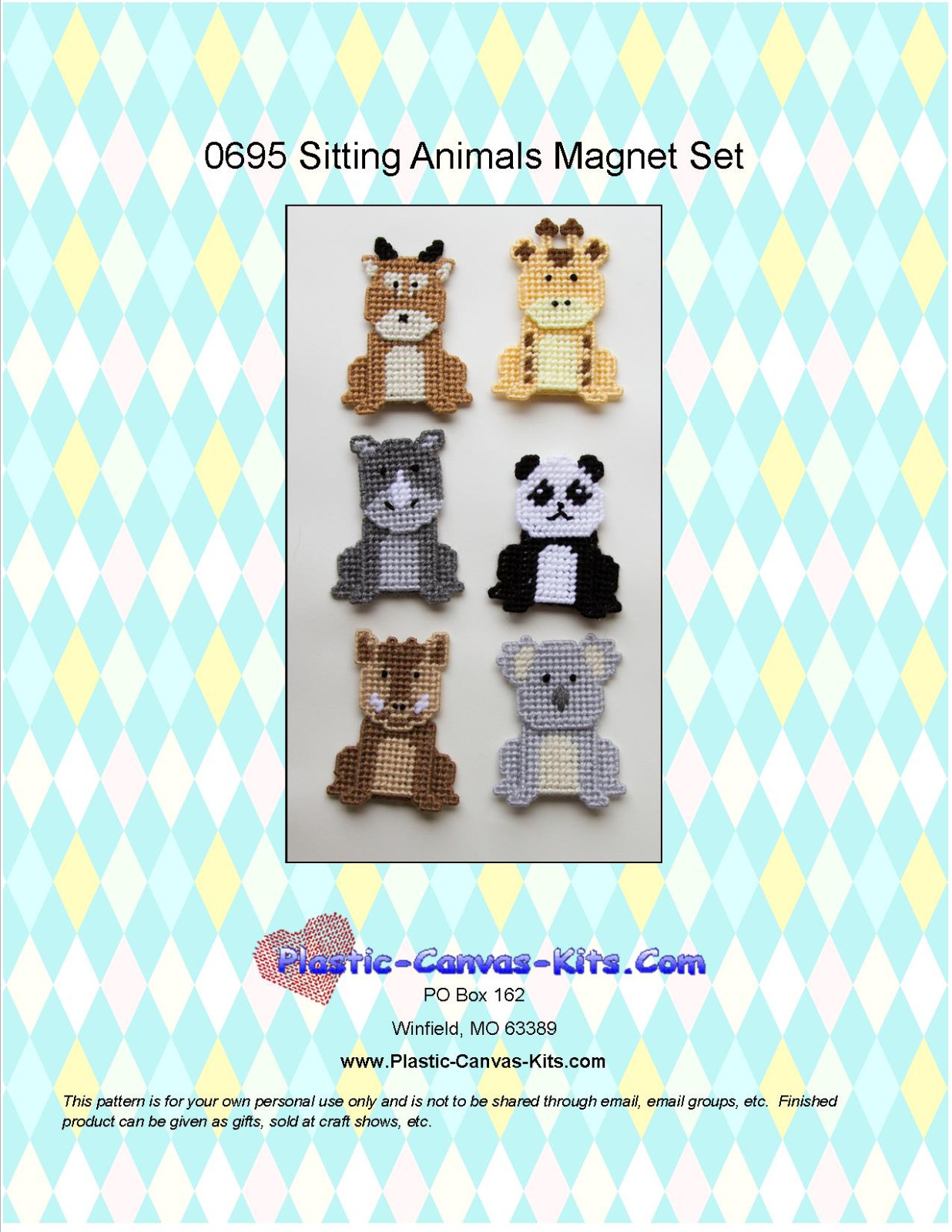 Sitting Animals Magnets-Koala, Giraffe, Panda, Hog-Plastic Canvas Pattern or Kit