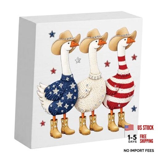 US 250th Anniversary Western Cowboy US Flag Goose Wooden Block Decor for Home