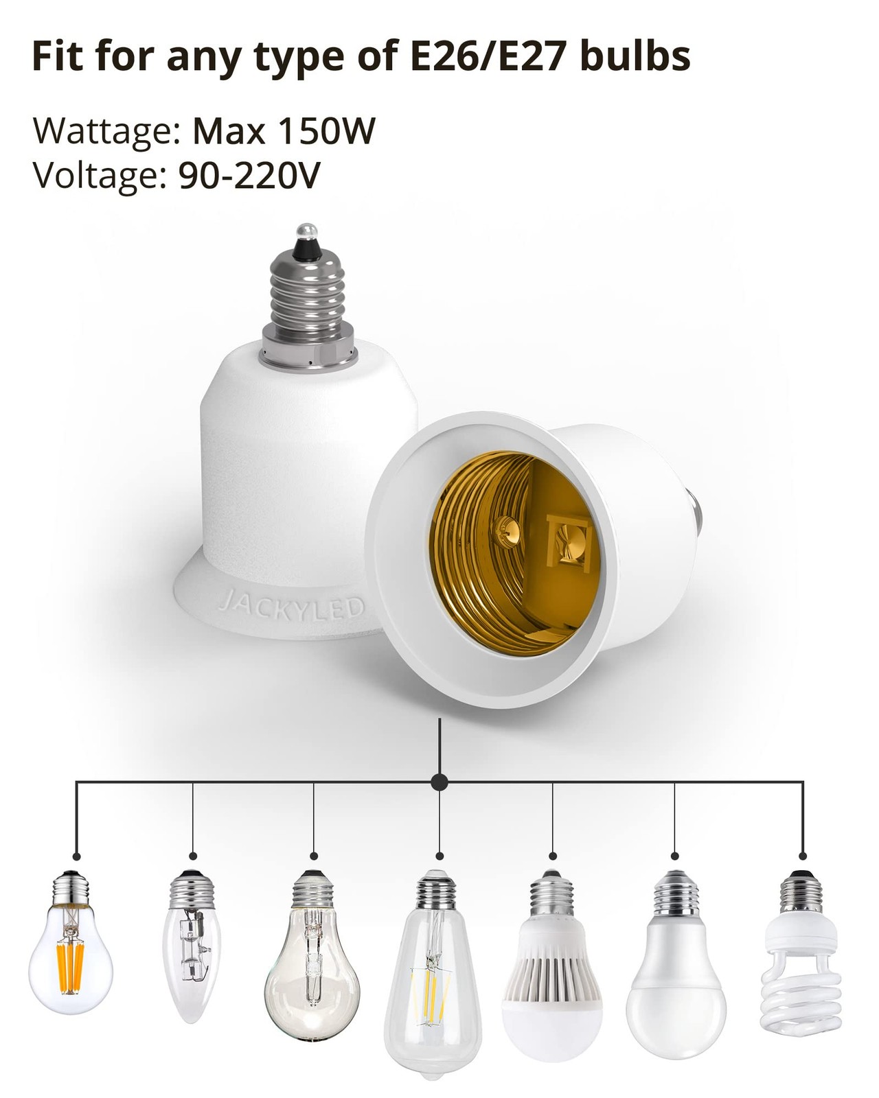 JACKYLED 5-Pack E12 to E26 Adapter, Chandelier Light Socket, 5 Pack, White