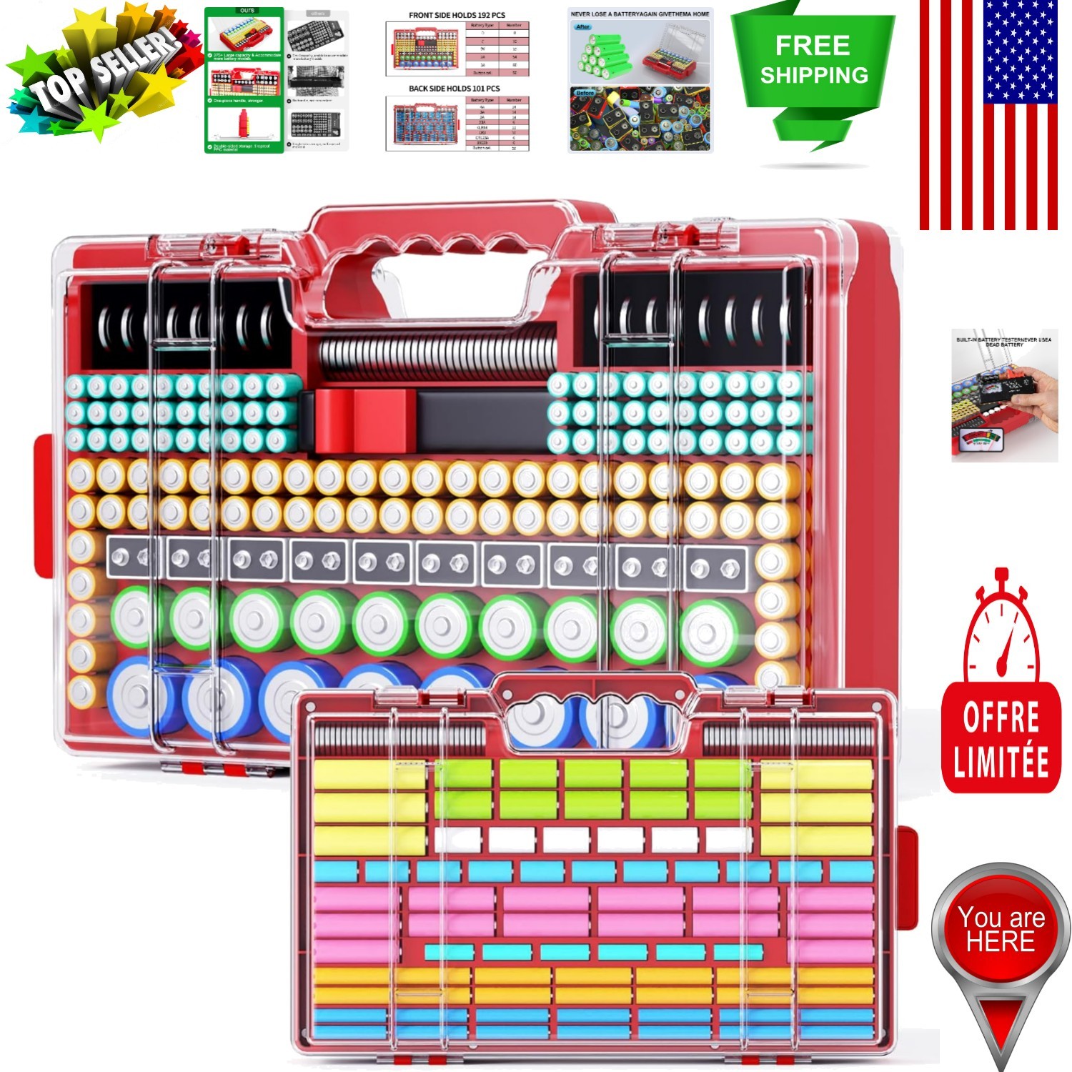 Stylish Battery Keeper with Tester - Large 280+ Capacity, Perfect for Home Use