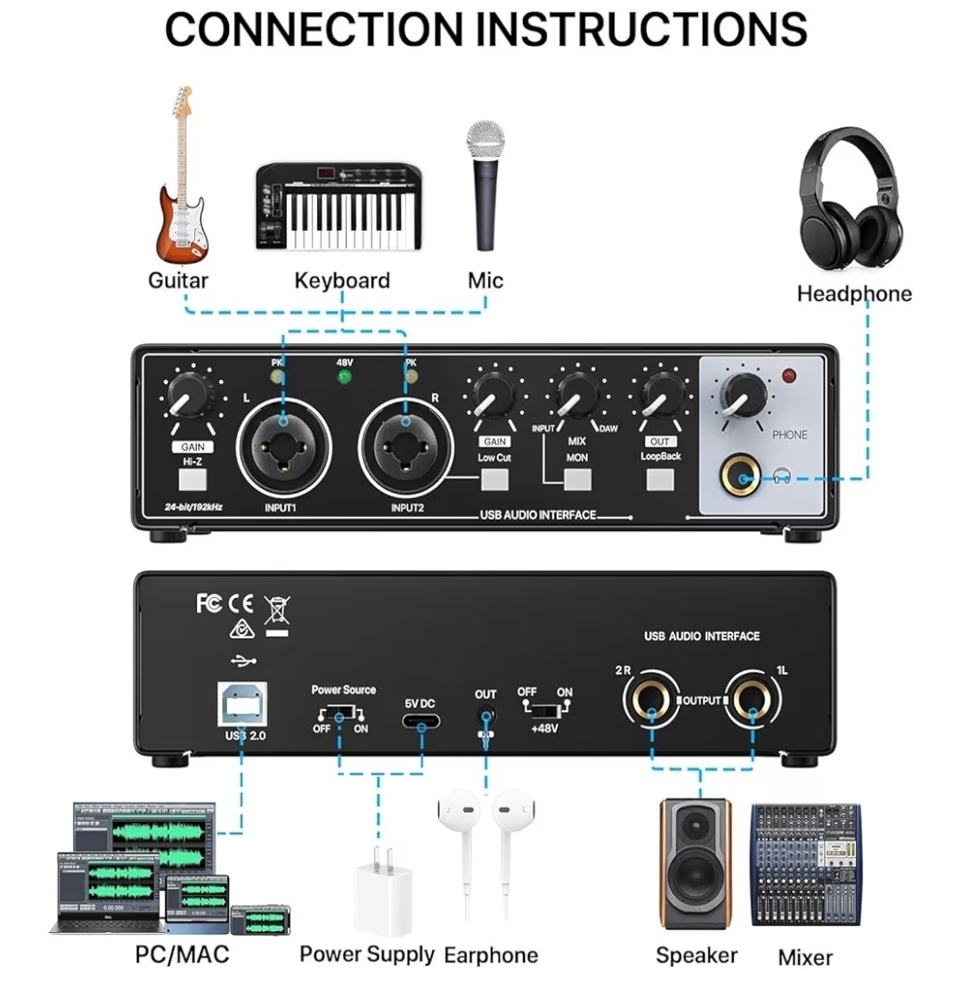 EBXYA 2i2 USB Audio Interface for PC Recording, 24-bit/192kHz Plug and Play
