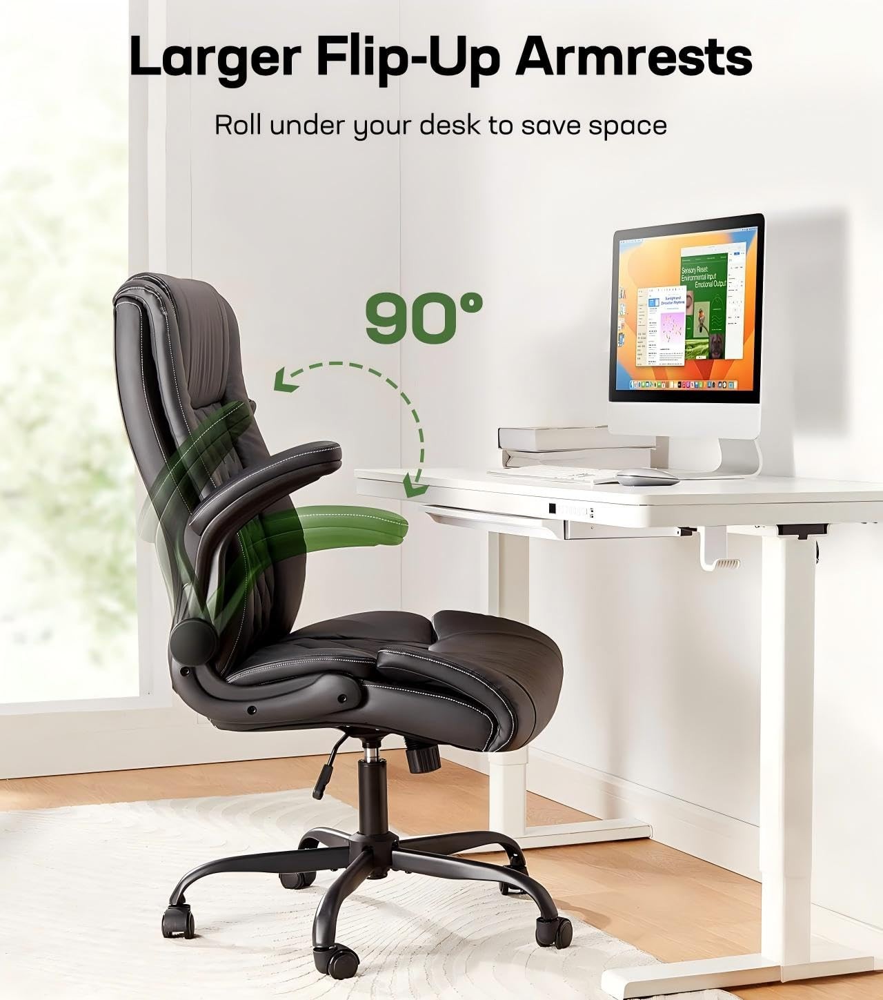 Executive Office Chair Ergonomic Desk Chair with Flip-up Armrests PU Leather ...