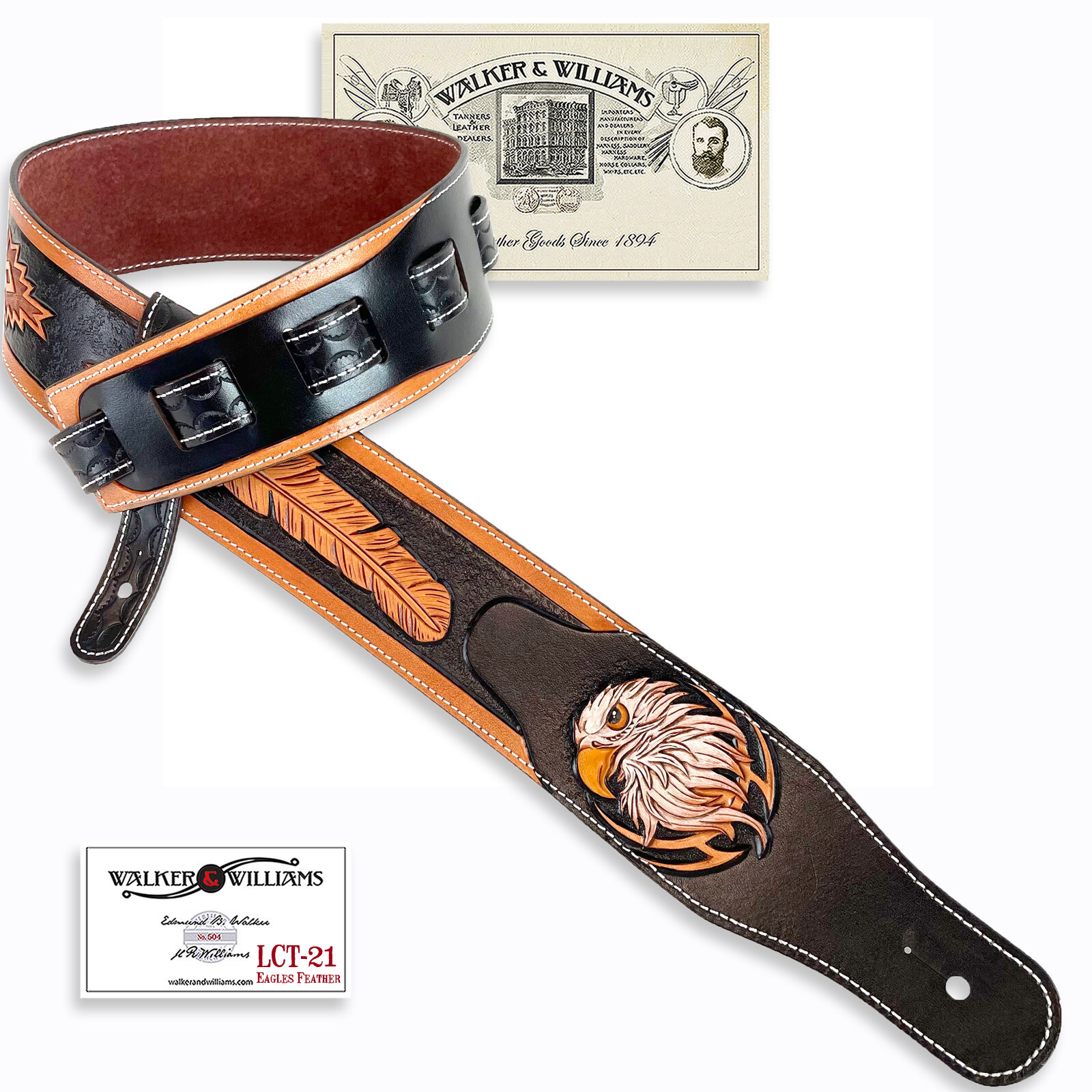 Walker & Williams LCT-21 Handmade Leather Strap Eagle & Feather Design