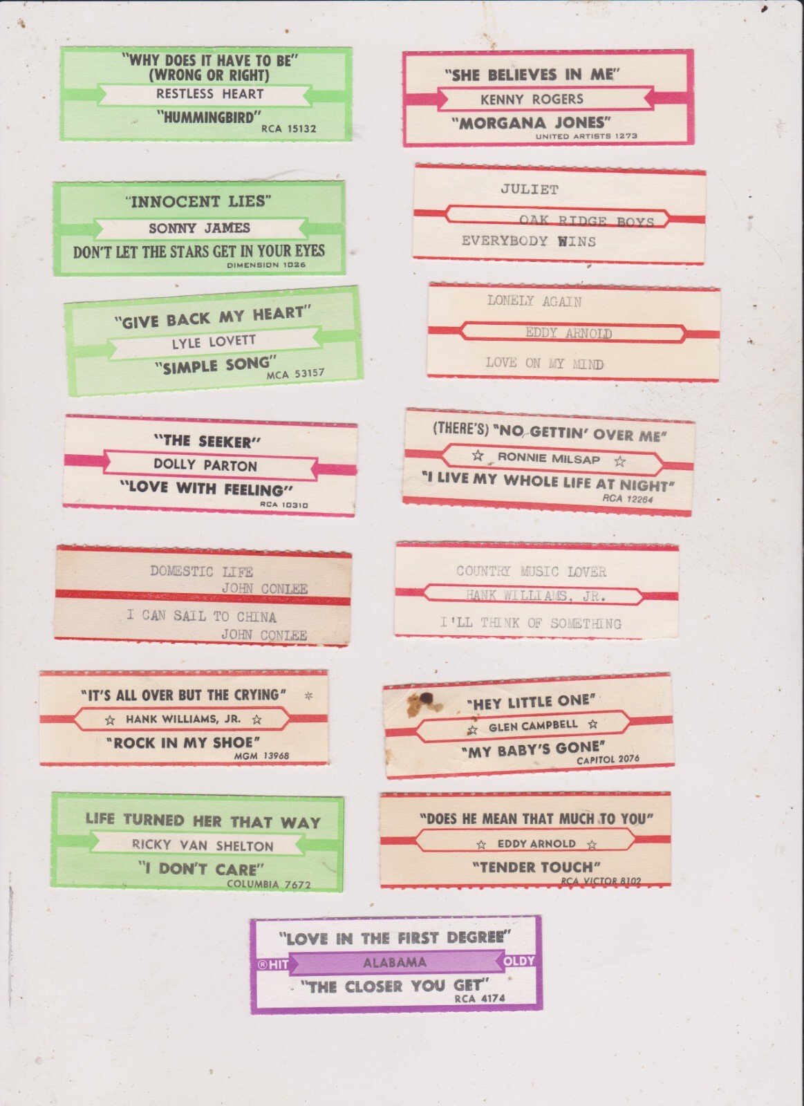 15 COUNTRY JUKEBOX TITLE STRIPS LOT 2.FREE SHIPPING IN U S