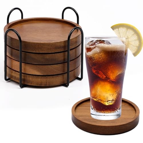 4 Pcs Wood Coasters for Drinks Absorbent, Wooden Coasters with Holder, Set of 4