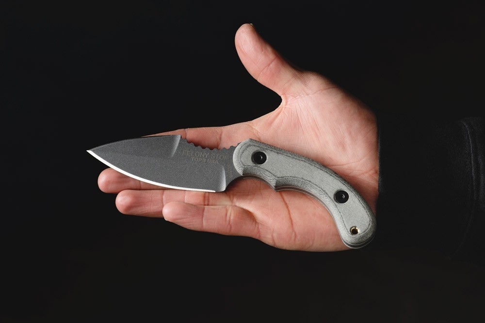 TOPS Felony Stop Fixed Knife 3.5" Full Tang 1095 Steel Blade Gray Micarta Handle