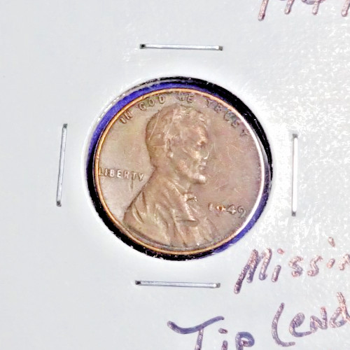 1949-P LINCOLN WHEAT CENT PENNY (MISSING TIP OF NOSE) "U-GRADE"