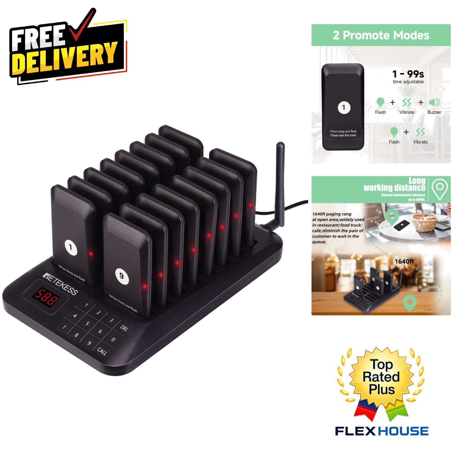 TD157 Restaurant Pager System: 16 Long-Range Pagers with Vibration & Flash
