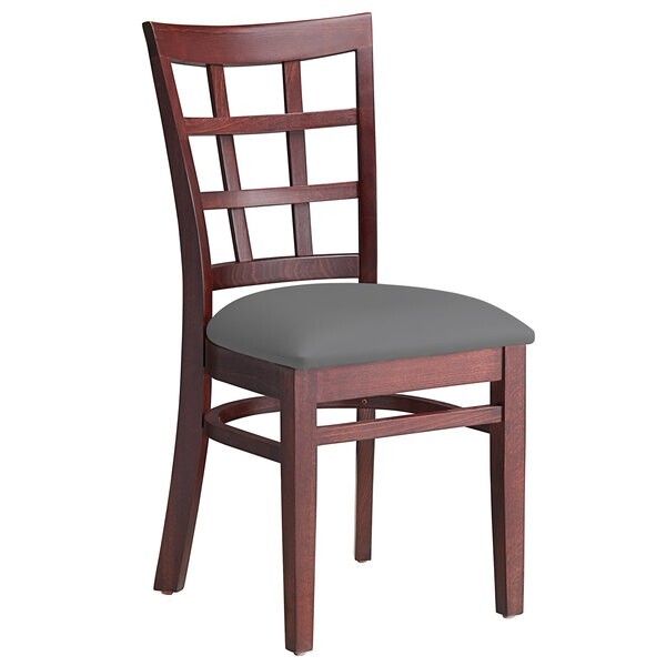 Mahogany Wood Finish Window Back Restaurant Chair with Dark Gray Vinyl Seat