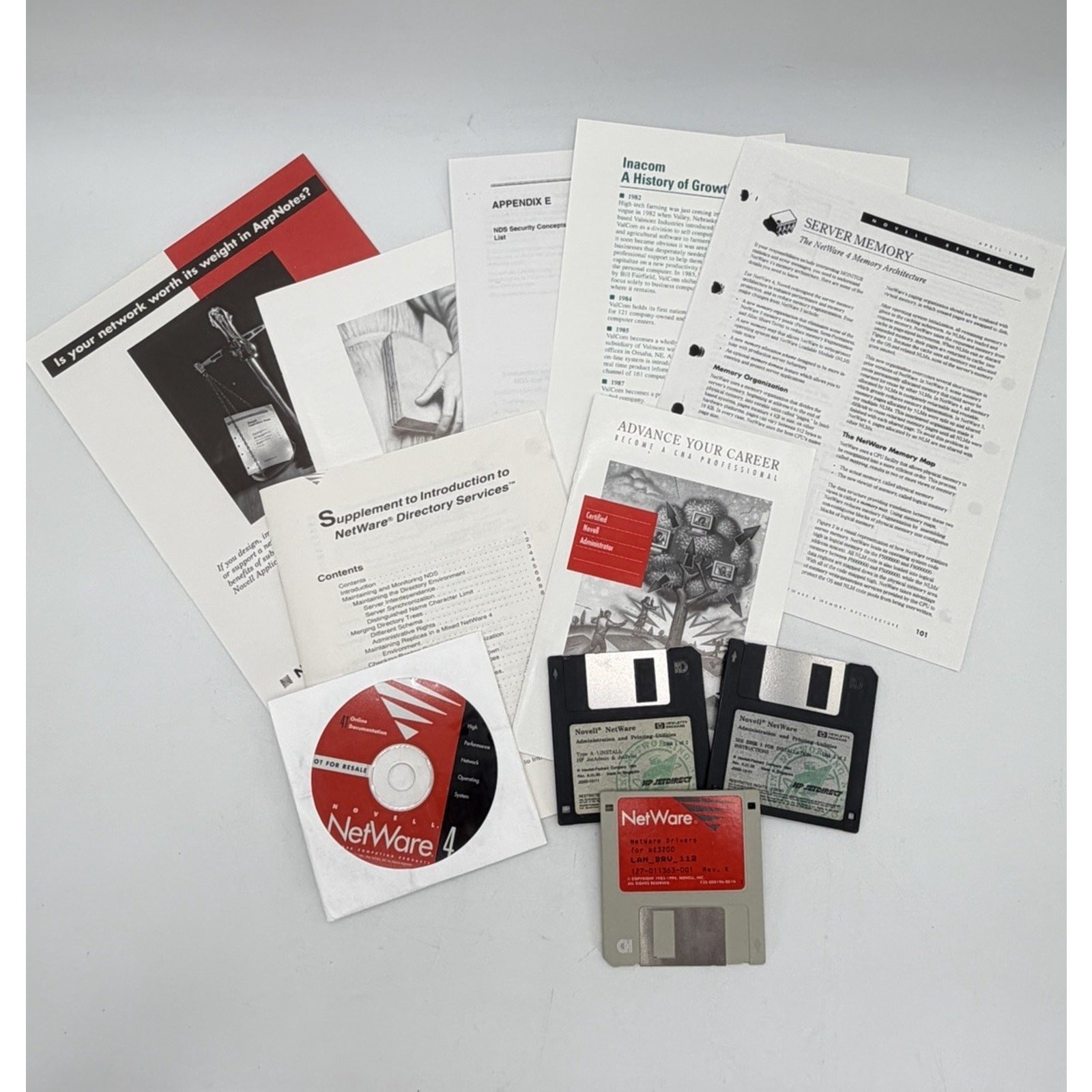 NOVELL Netware 4 CDs Client Software Operating System Online Floppy Discs Lot