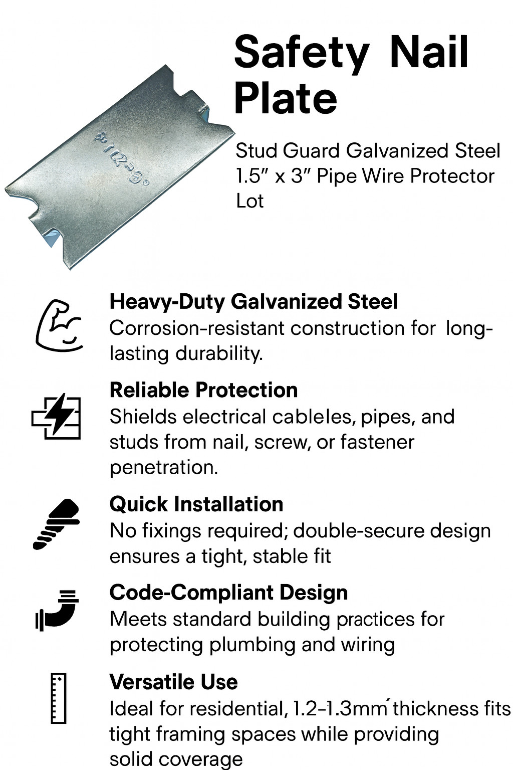 Safety Nail Plate Stud Guard Galvanized Steel 1.5" x 3" Pipe Wire Protector Lot