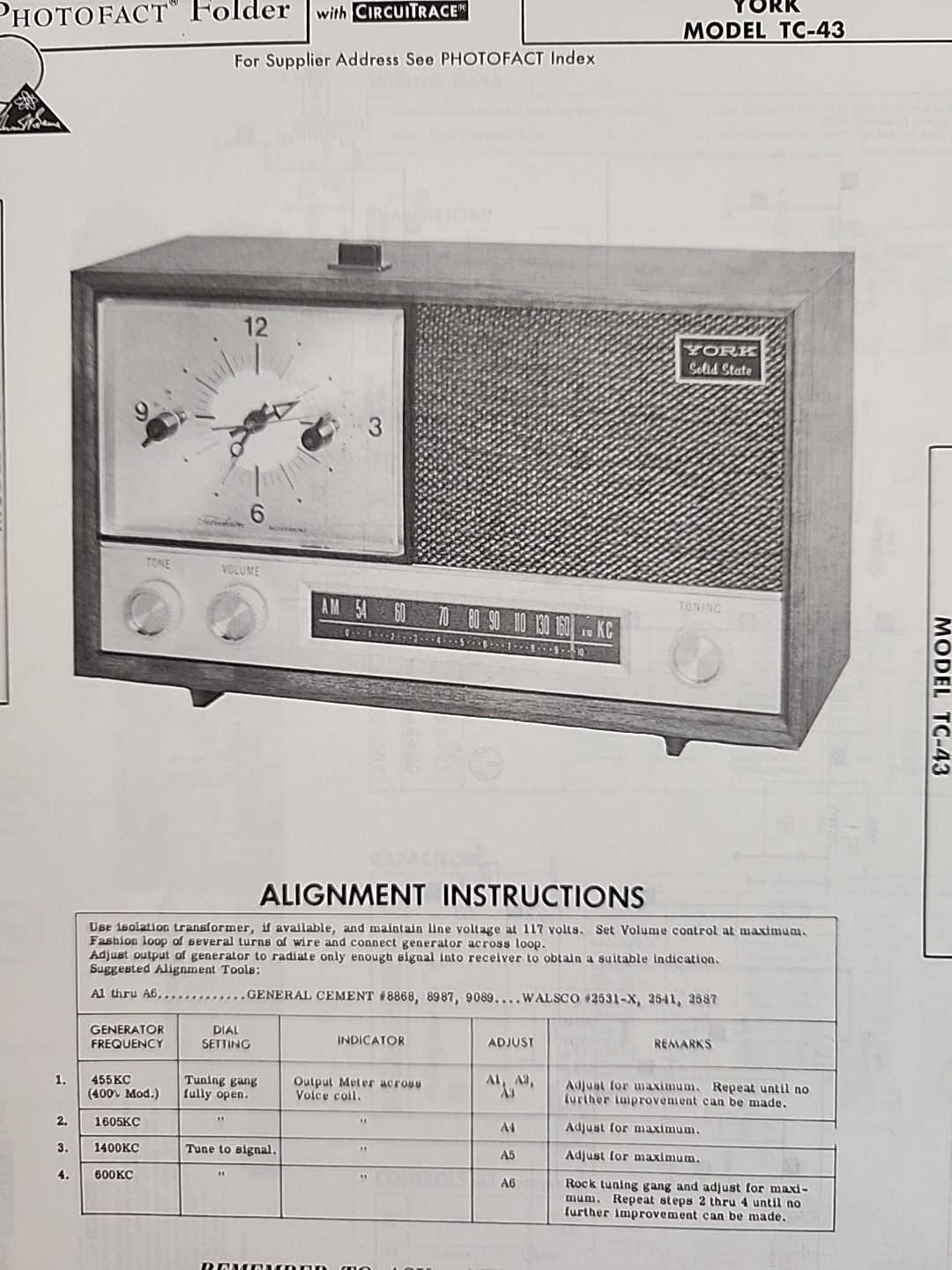 Sams Photofact Repair Service Parts Manual For York Model TC-43