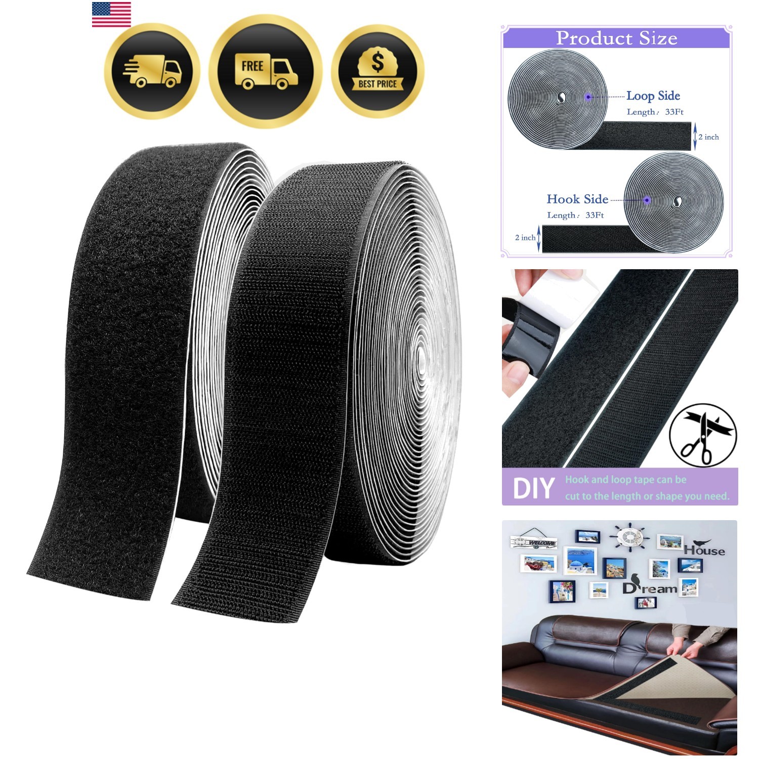 2 Inch x33 Feet Adhesive Hook and Loop Tape,Nylon Heavy Duty Tape Fasteners,B...