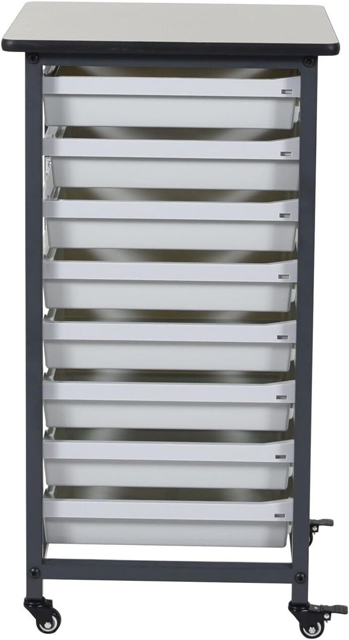 LUXOR MBS-SR-8S Mobile Bin Storage Unit - Single Row with Small Gray Bins